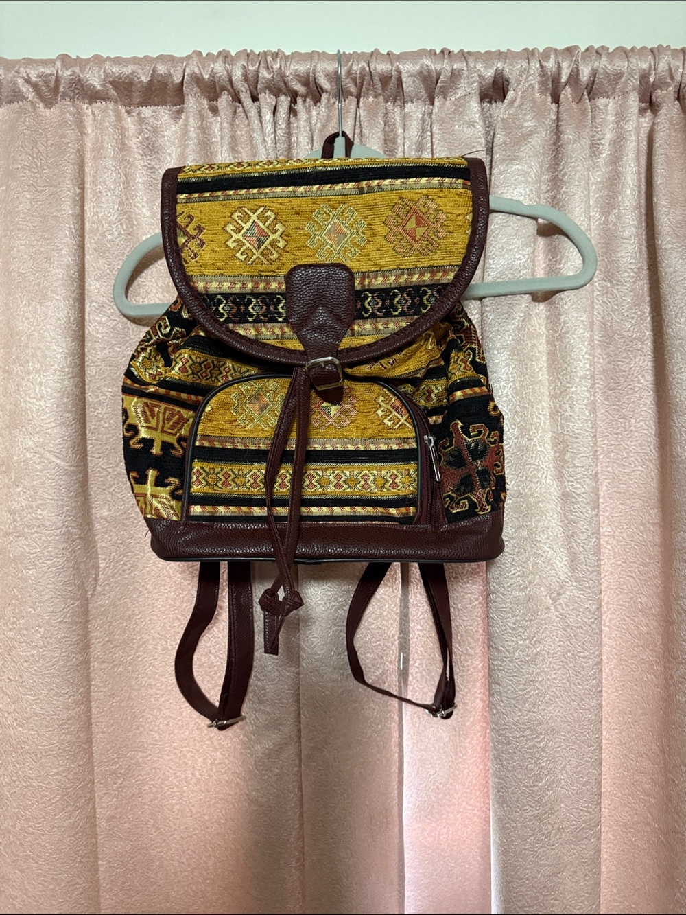 Yellow & Brown Boho Woven Backpack